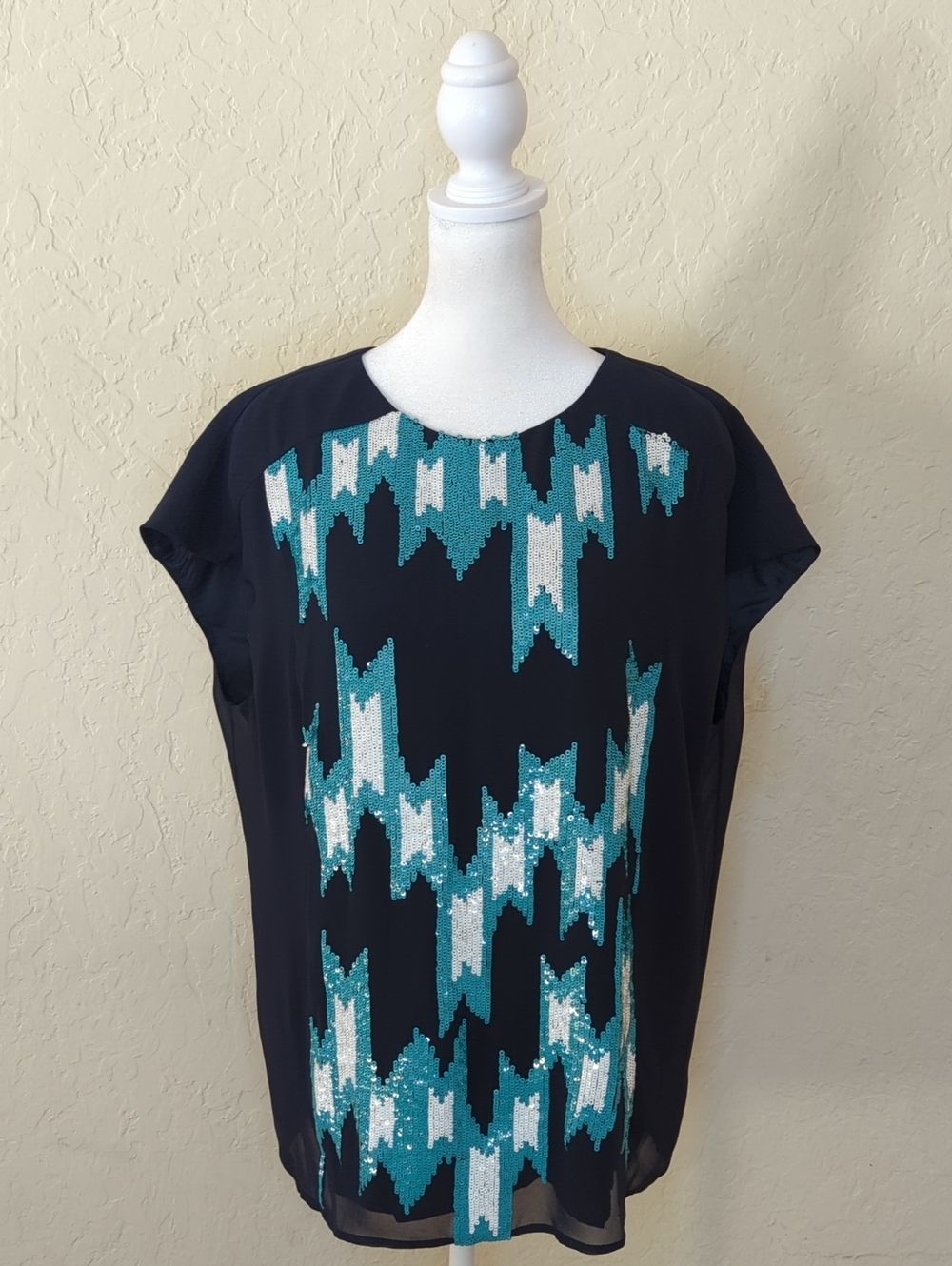 Shoshanna Navy Cap Sleeve Sequined Layered Blouse Size Large*